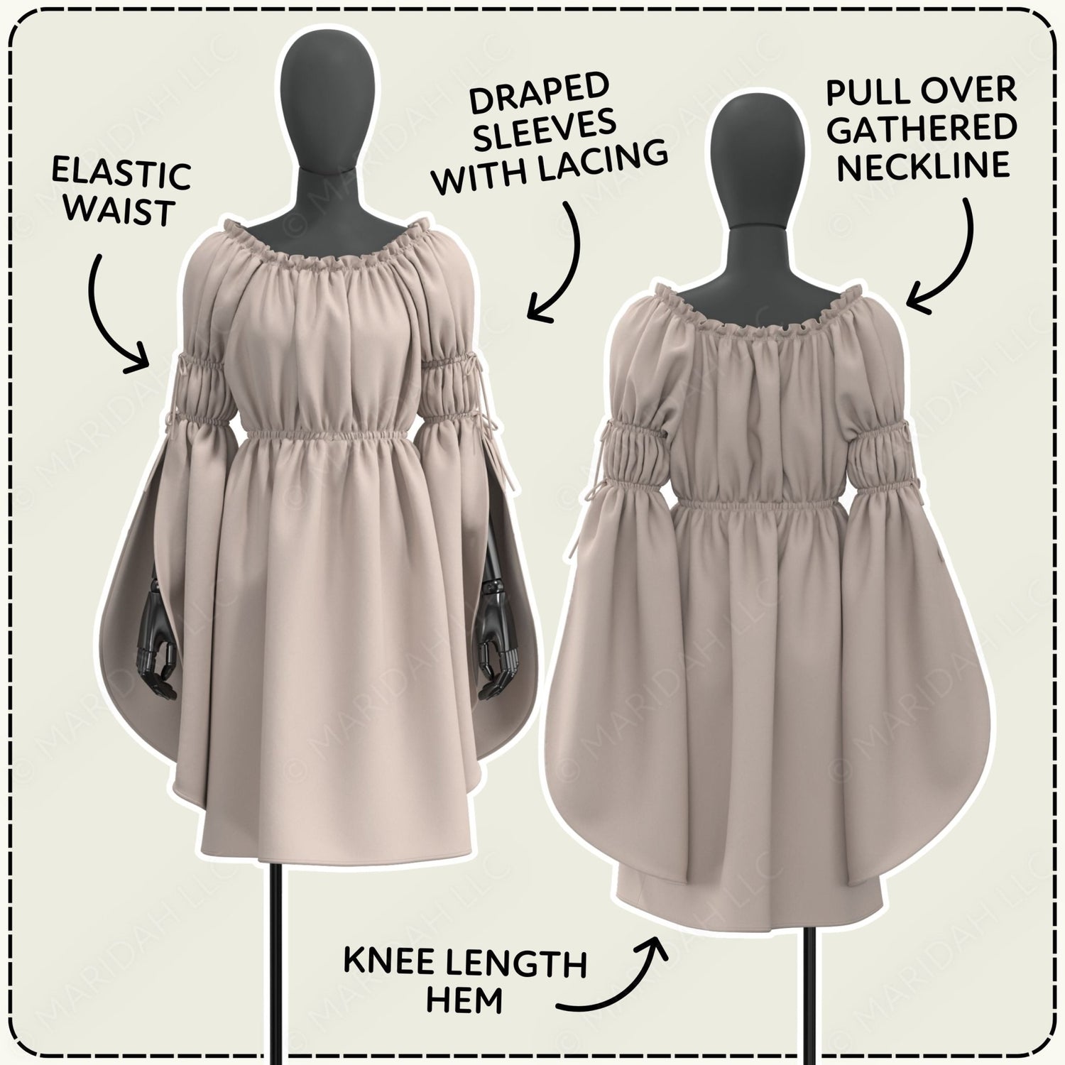 two dresses with different sleeve styles, including a draped sleeve with lacing and a pull-over gathered neckline. The dresses are displayed on mannequins, and there are annotations indicating the sleeve style and the knee length of the dress.