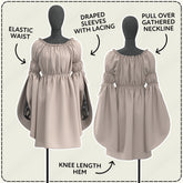 two dresses with different sleeve styles, including a draped sleeve with lacing and a pull-over gathered neckline. The dresses are displayed on mannequins, and there are annotations indicating the sleeve style and the knee length of the dress.