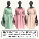 three mannequins wearing dresses in different colors: green, pink, and beige.
