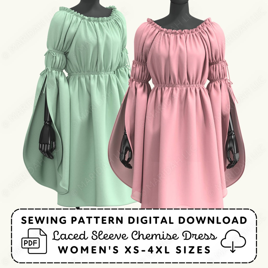 Two dresses, one green and one pink, on mannequins with sewing pattern digital download text.