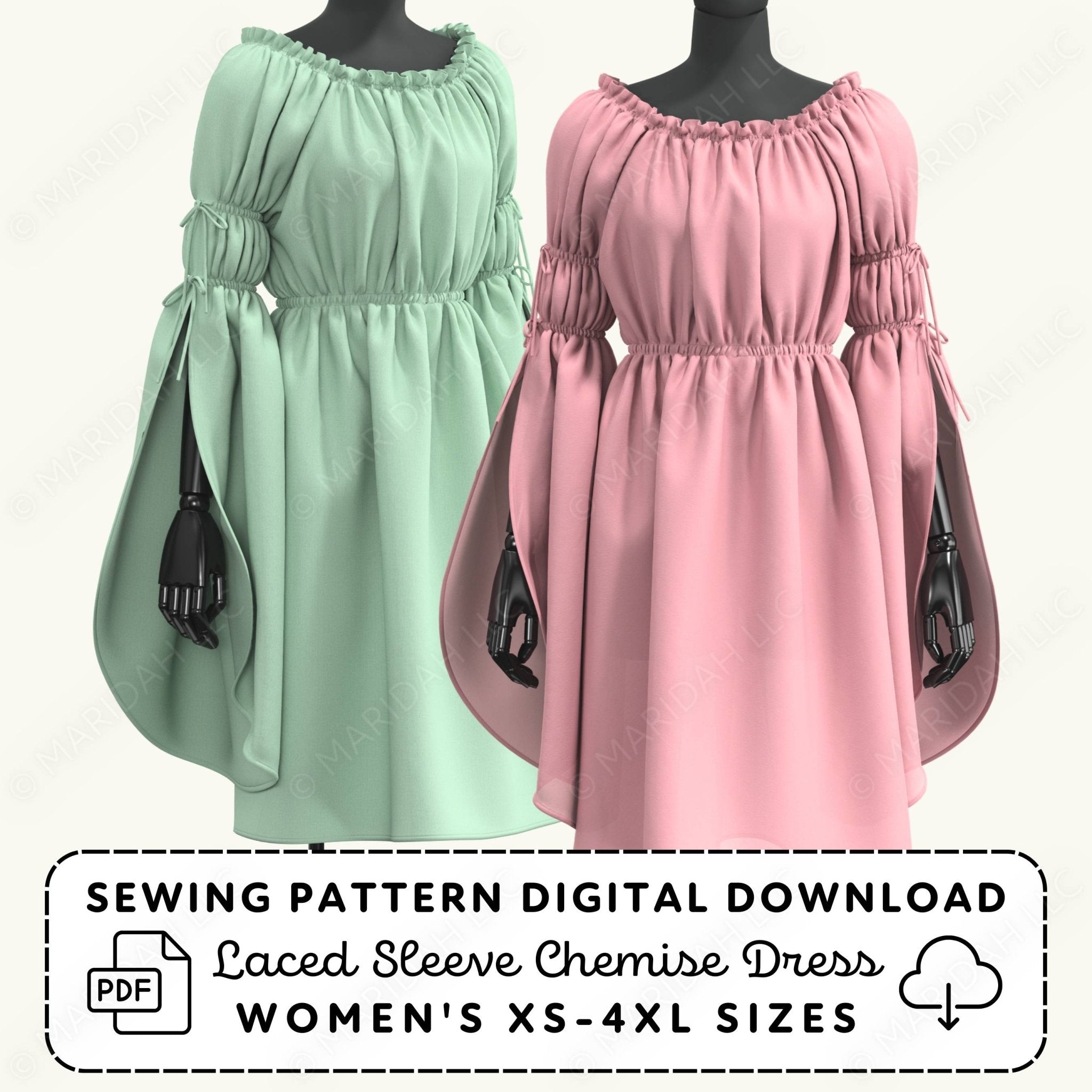 Two dresses, one green and one pink, on mannequins with sewing pattern digital download text.