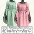 Two dresses, one green and one pink, on mannequins with sewing pattern digital download text.