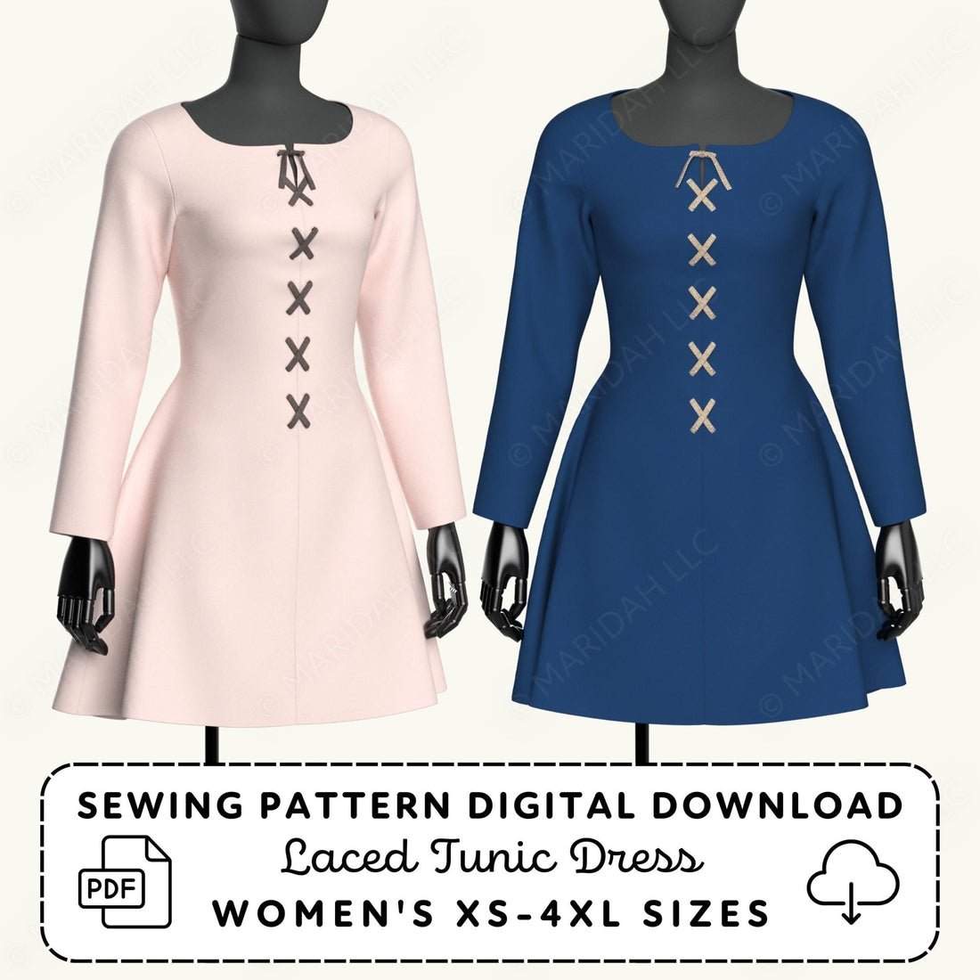 Two mannequins wearing laced tunic dresses in pink and blue with sewing pattern digital download text.