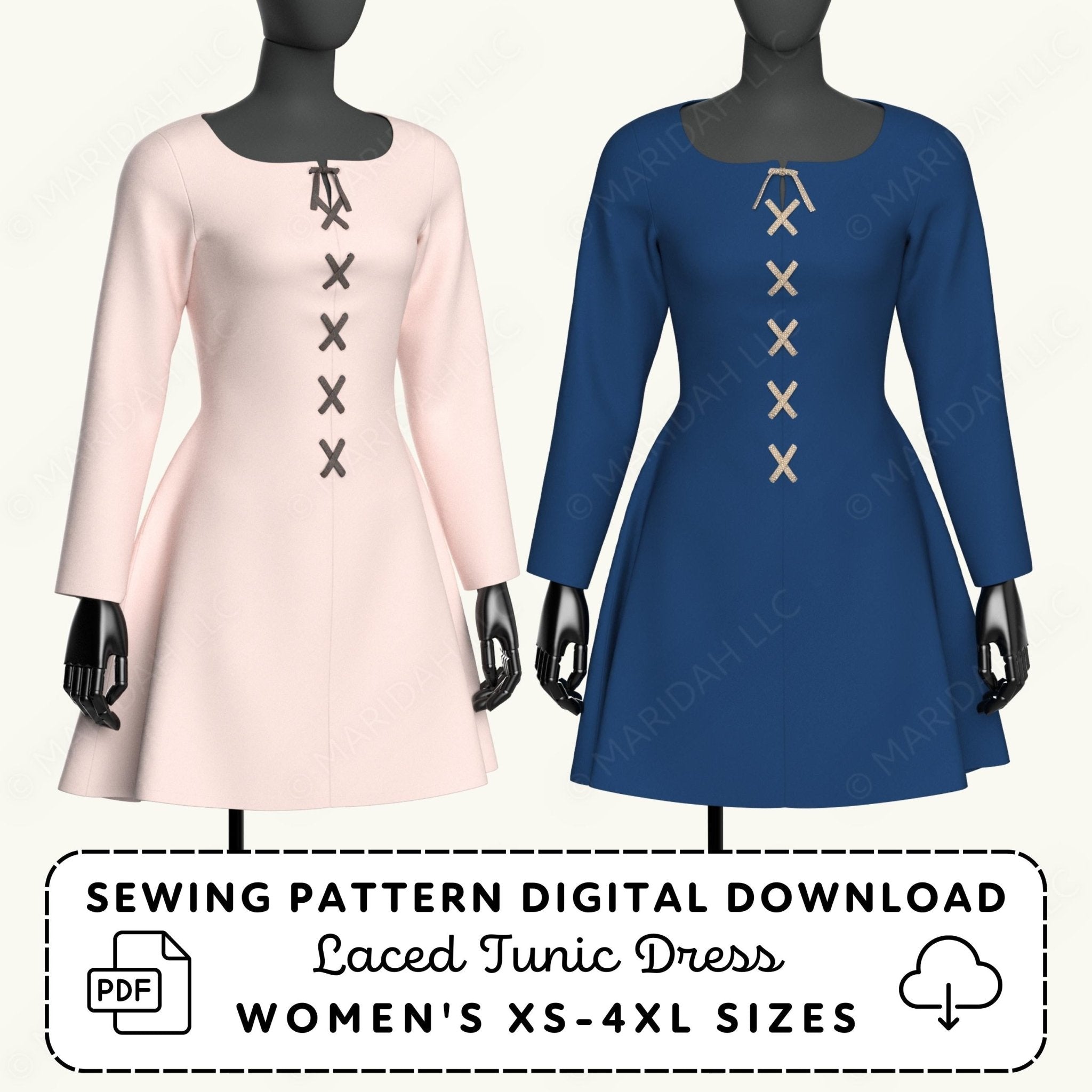 Two mannequins wearing laced tunic dresses in pink and blue with sewing pattern digital download text.