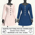 Two mannequins wearing laced tunic dresses in pink and blue with sewing pattern digital download text.