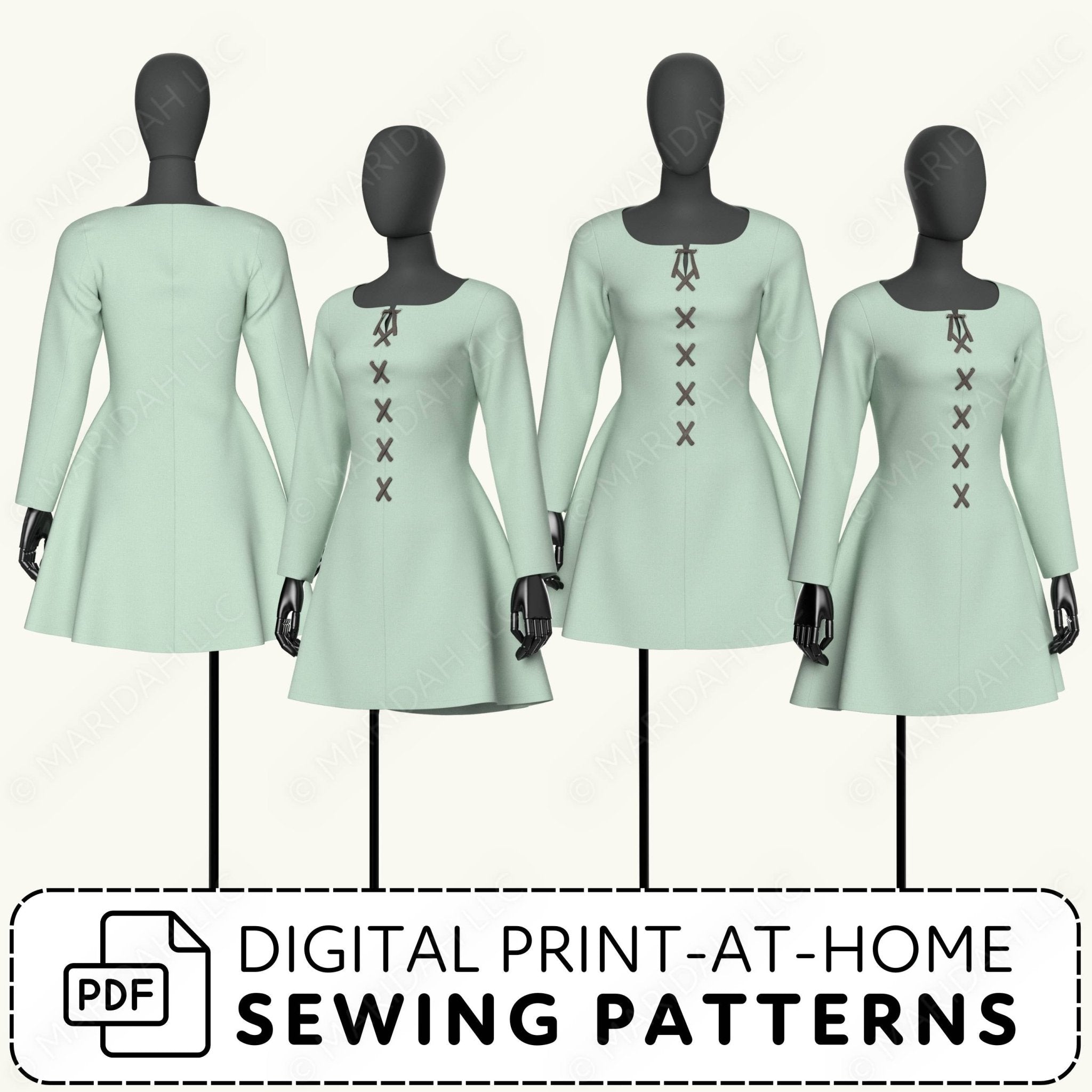 Four mannequins wearing light green dresses with lace-up details, with text reading digital print-at-home sewing patterns.