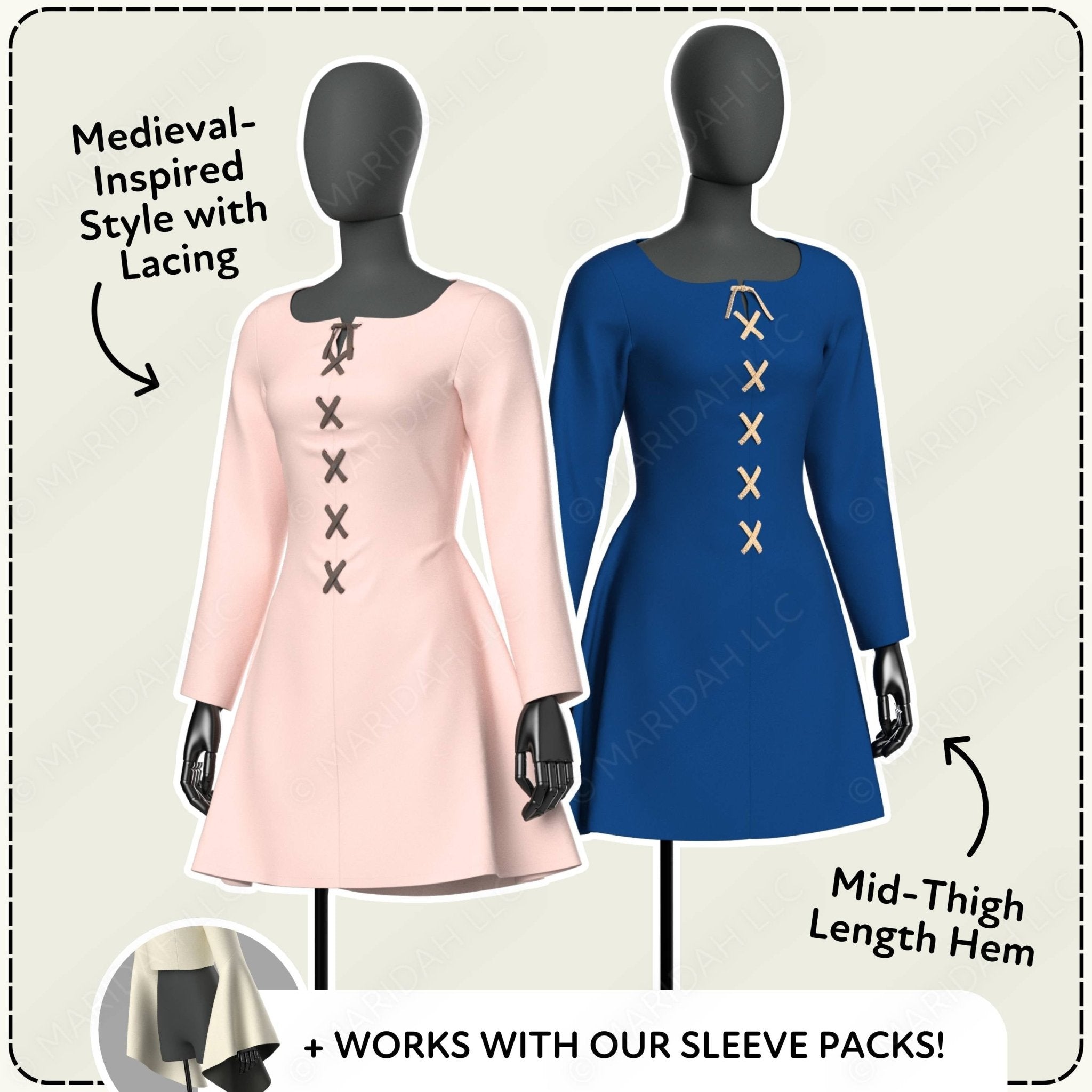Two mannequins wearing medieval-inspired dresses with lacing, one pink and one blue, on a plain background.