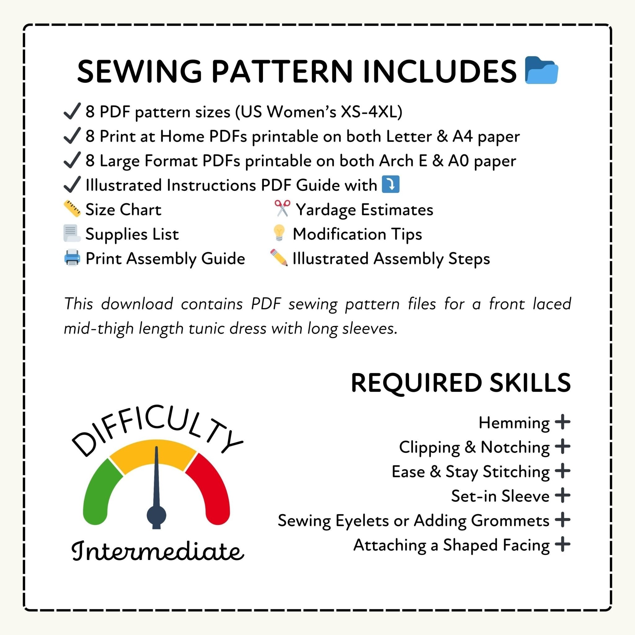 Sewing pattern information with required skills and difficulty level on a white background
