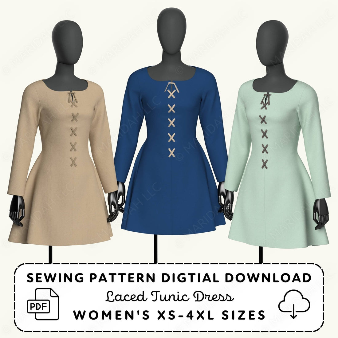 Three mannequins wearing laced tunic dresses in beige, blue, and green with sewing pattern digital download text.