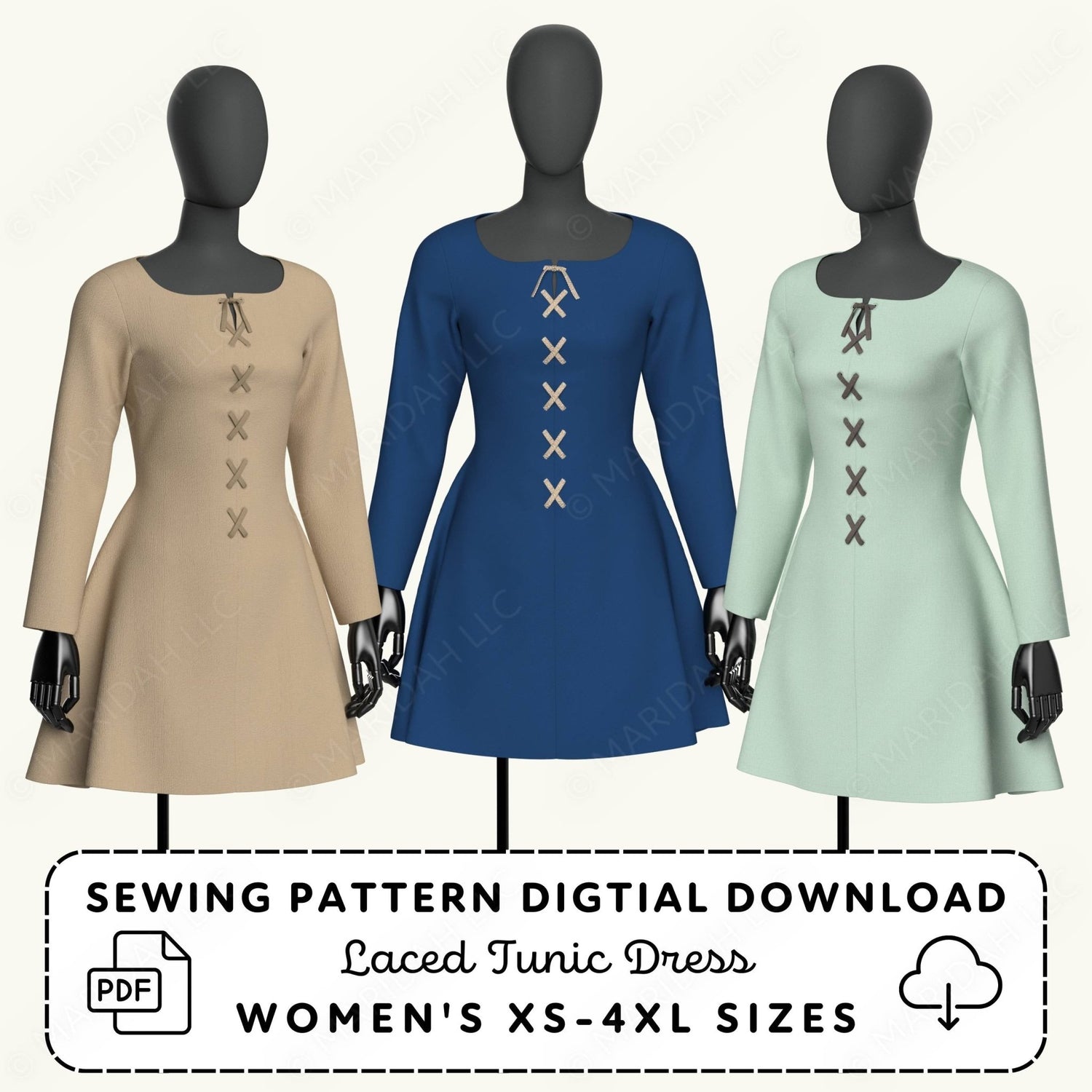 Three mannequins wearing laced tunic dresses in beige, blue, and green with sewing pattern digital download text.