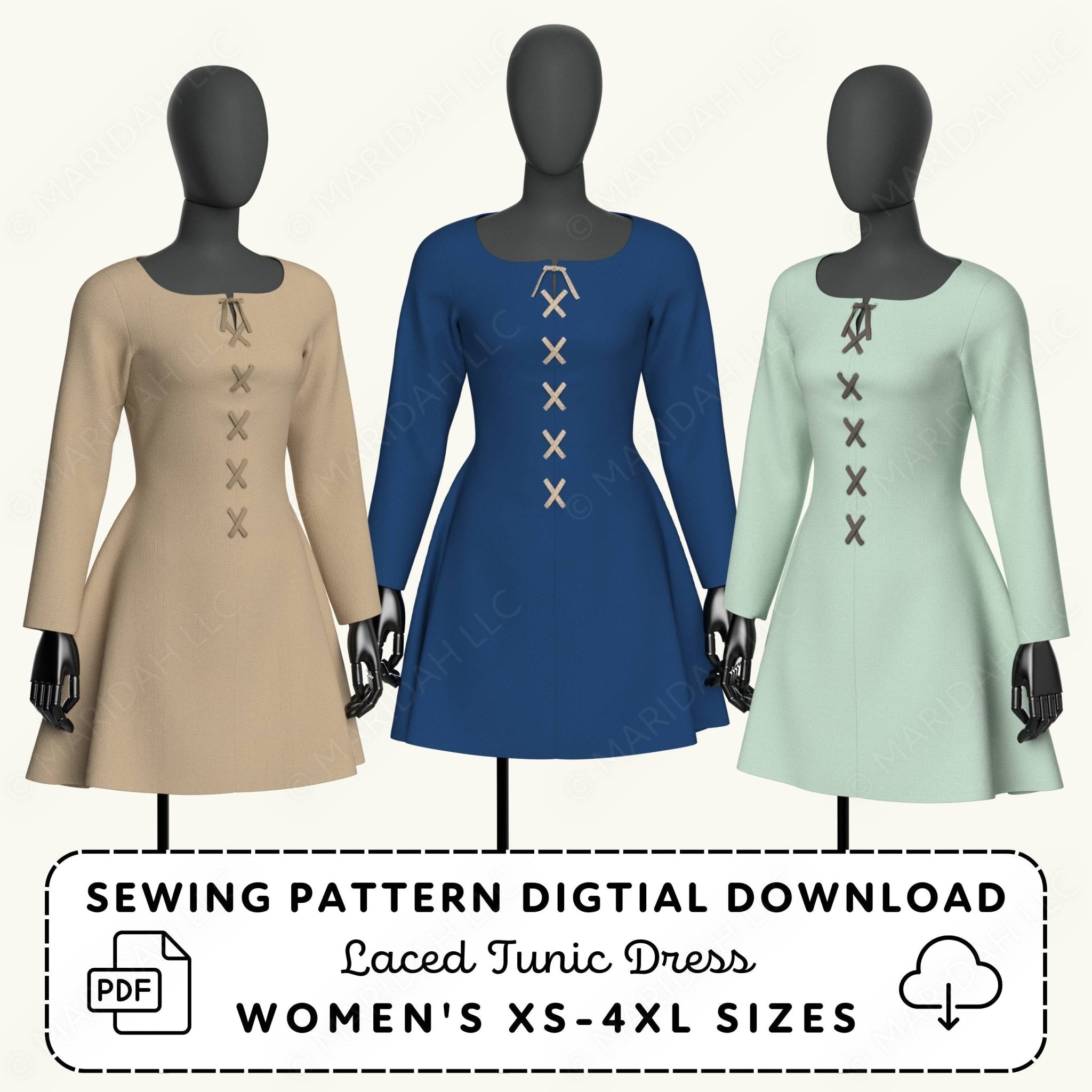 Three mannequins wearing laced tunic dresses in beige, blue, and green with sewing pattern digital download text.