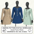 Three mannequins wearing laced tunic dresses in beige, blue, and green with sewing pattern digital download text.