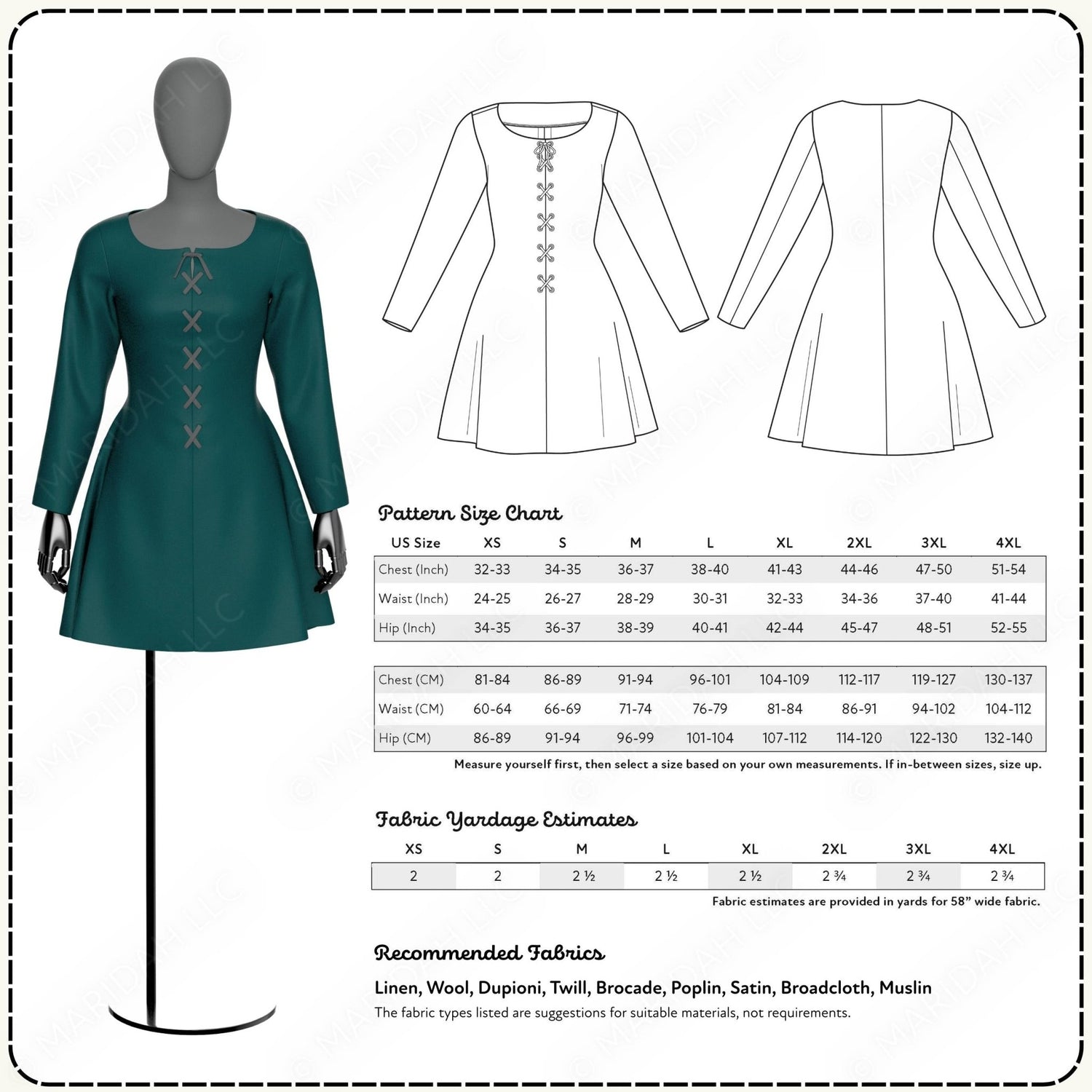 Fashion design with a mannequin wearing a green dress and patterned paper with dress measurements and fabric yardage estimates.