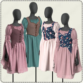 four mannequins wearing different dresses, each with unique color and style.