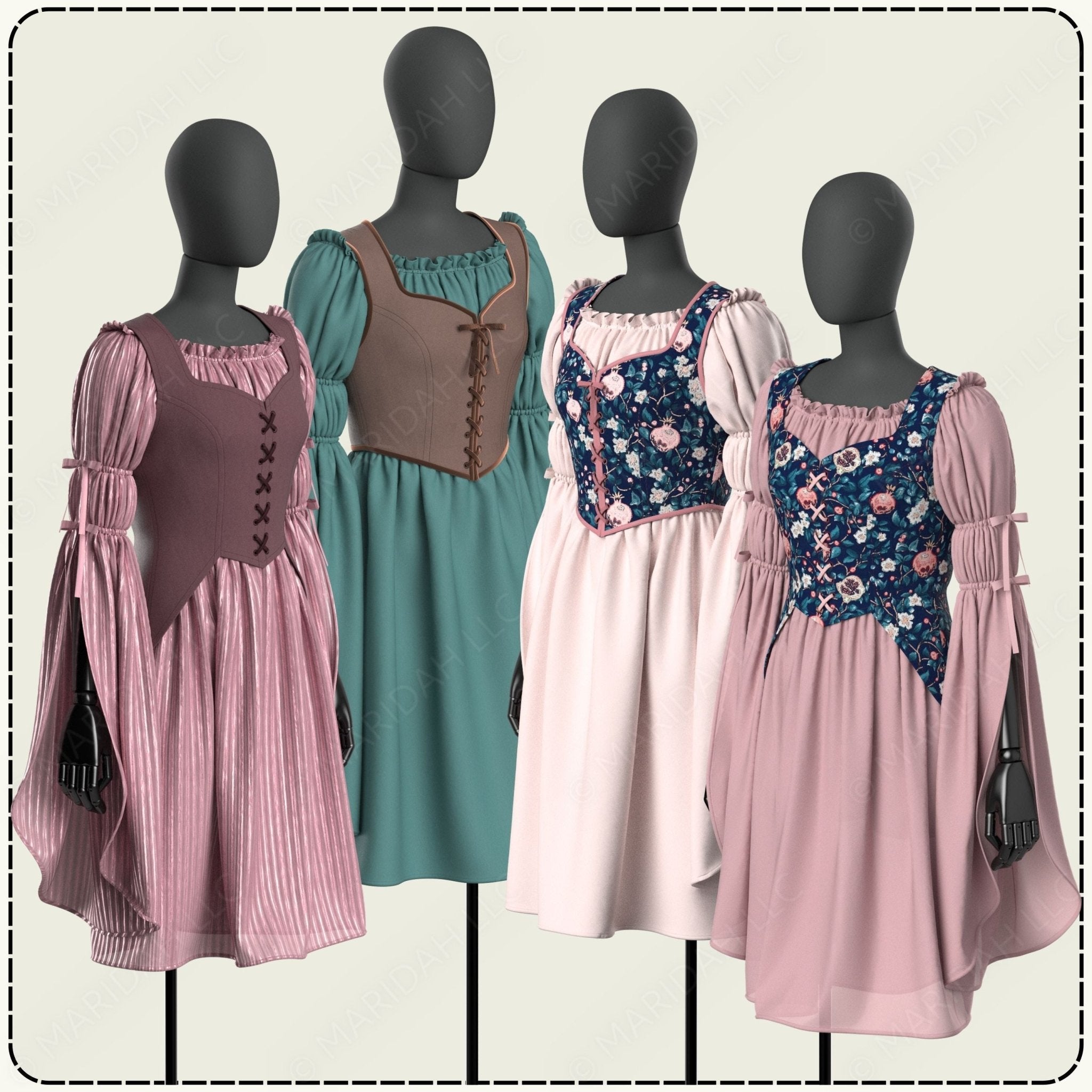Four mannequins wearing vintage-style dresses in various colors on a plain background.