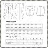 a pattern size chart and fabric yardage estimators for a corset, waist, and hip. The chart provides sizes for different measurements, such as chest, waist, and hip, and the fabric yardage estimators provide the amount of yards needed for a 58th fabric.