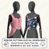 two mannequins wearing different colored vests, one pink and one blue with a floral pattern.