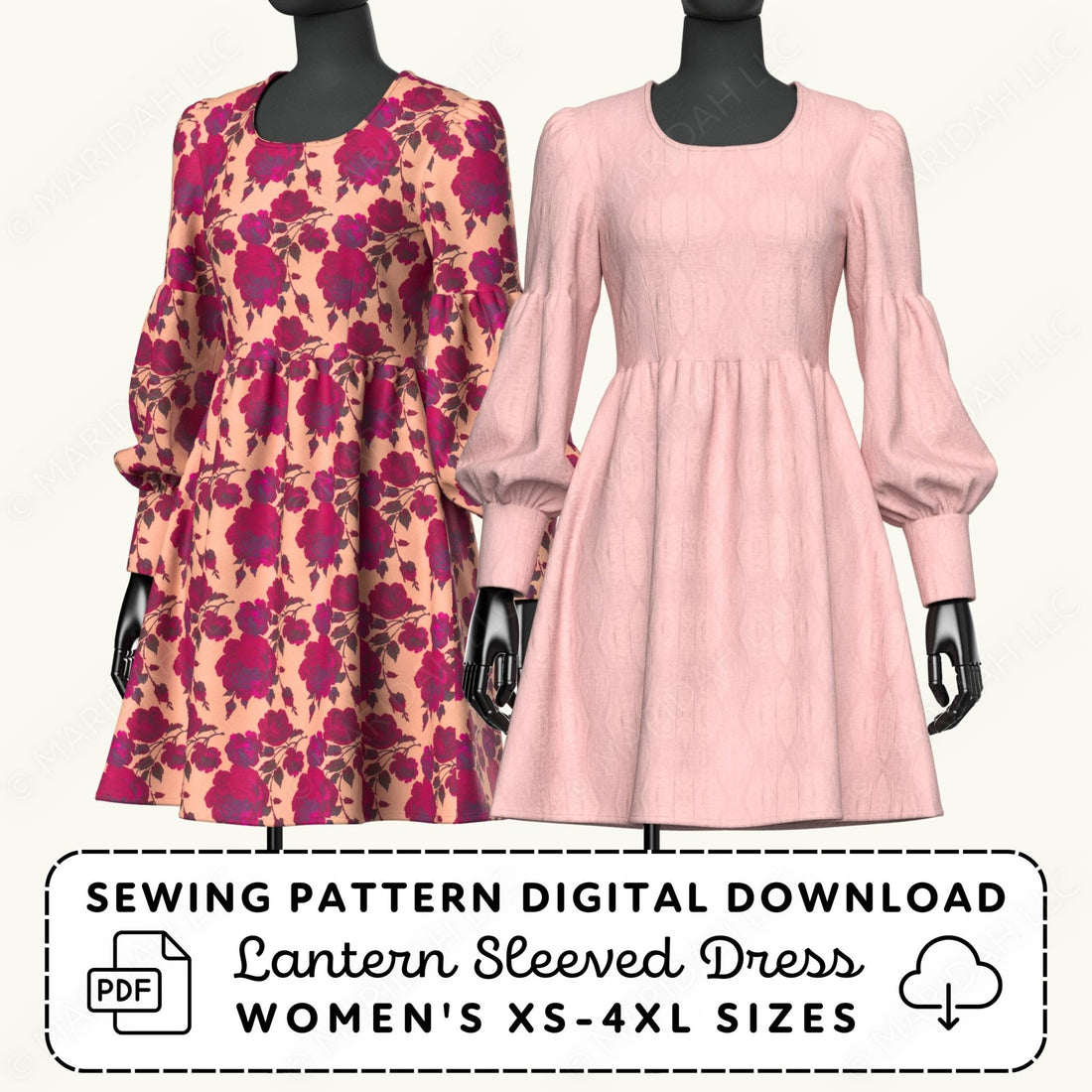 Two dresses on mannequins with a sewing pattern digital download label.