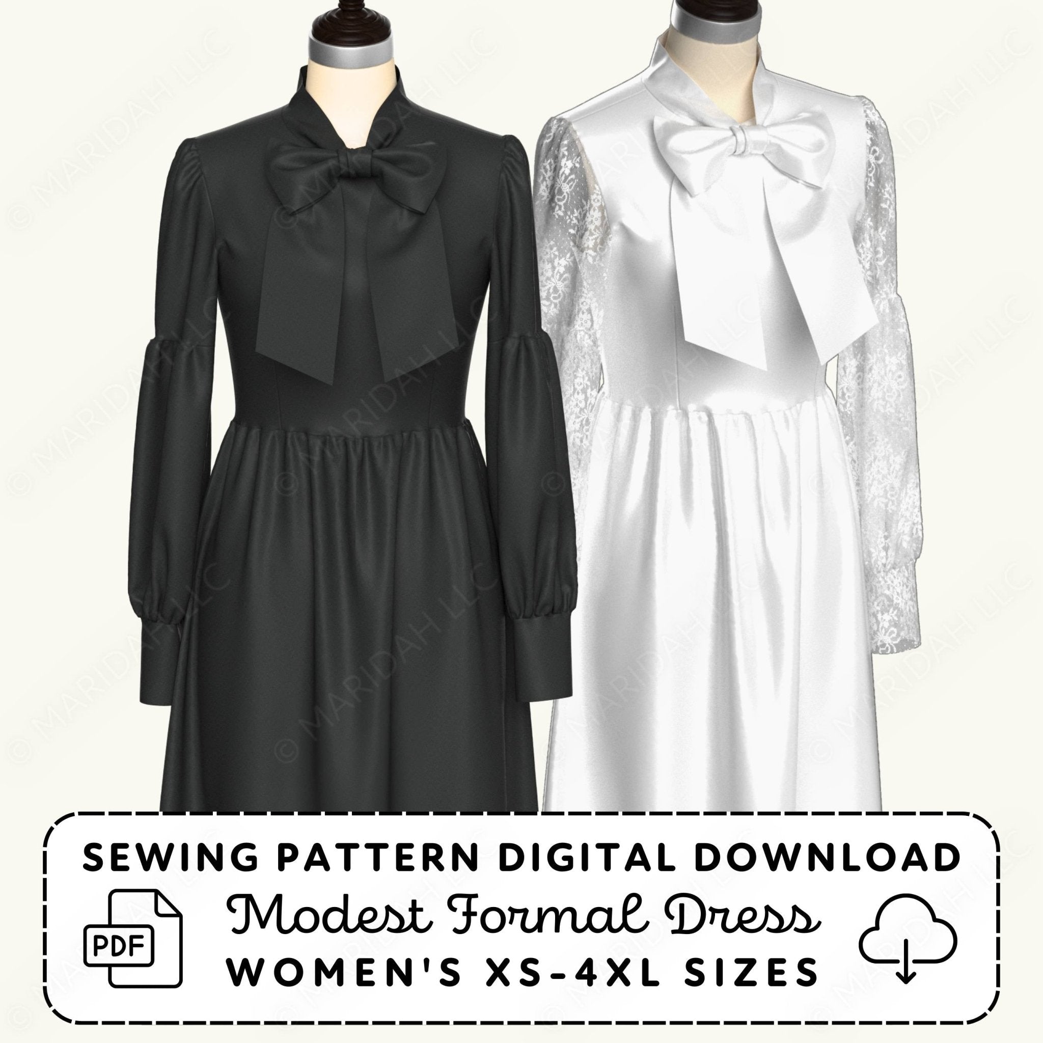 Black and white formal dresses on mannequins with sewing pattern digital download text.