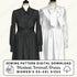 Black and white formal dresses on mannequins with sewing pattern digital download text.