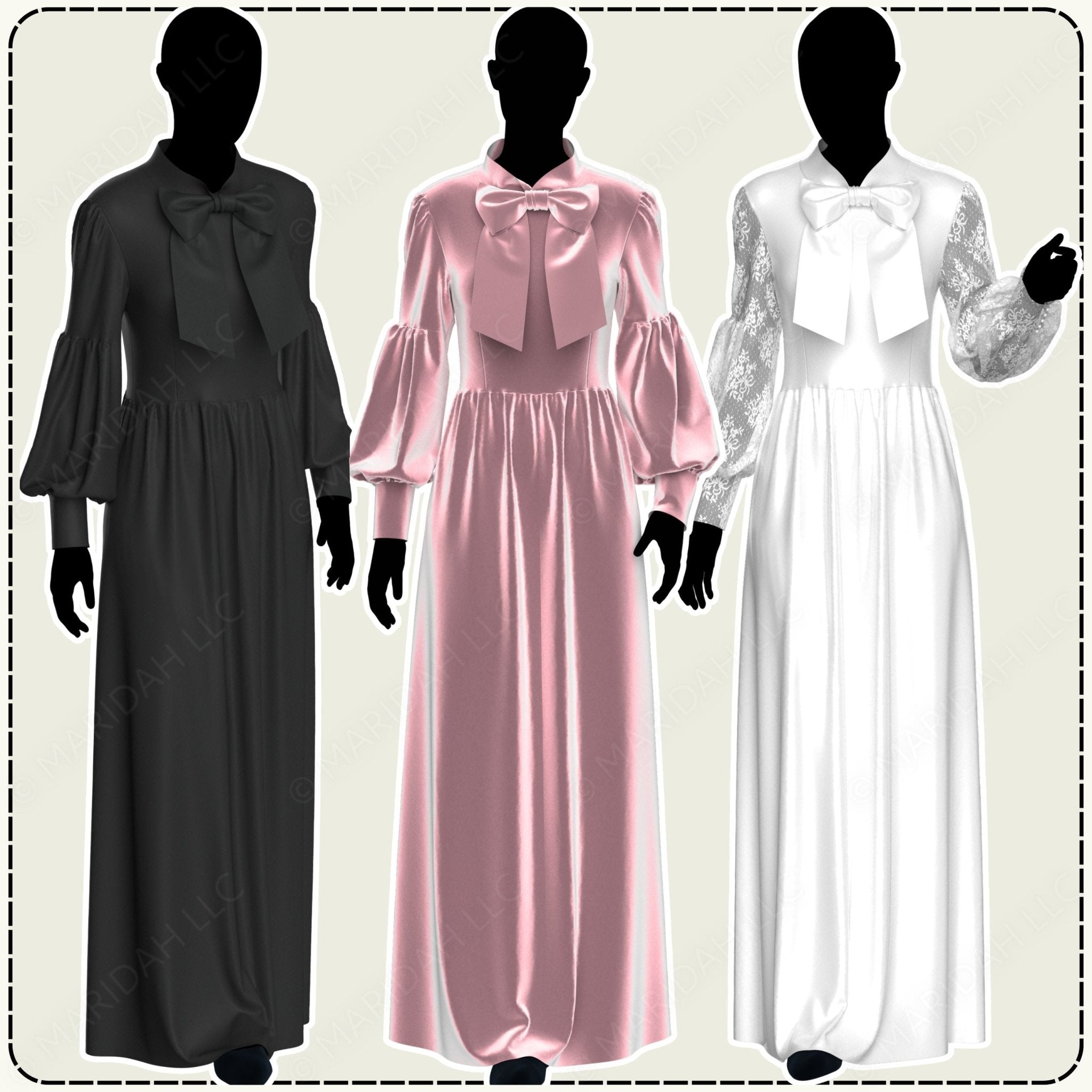 Three long dresses in black, pink, and white with large bows on a neutral background
