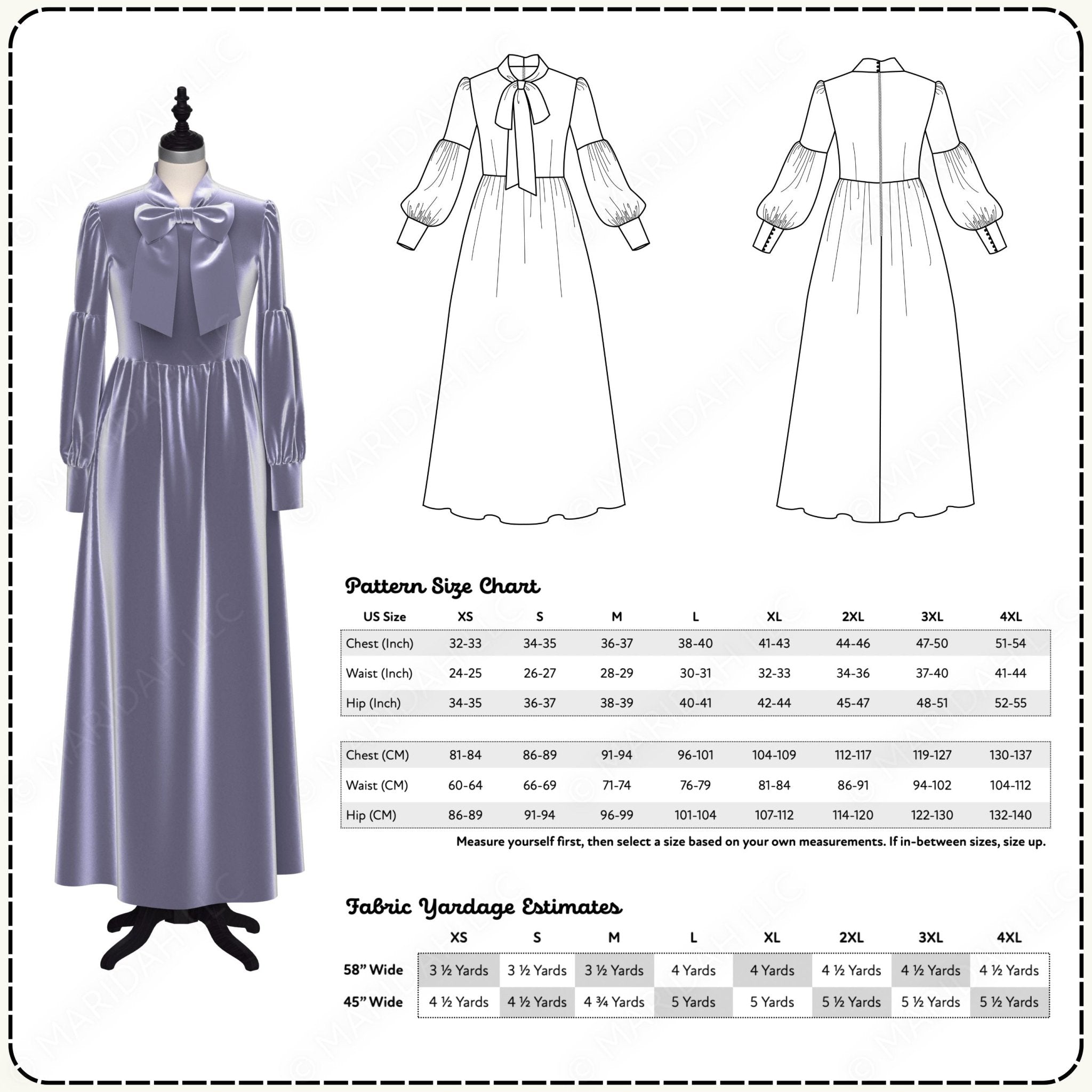 Sewing pattern for a long dress with size chart and fabric yardage estimates.