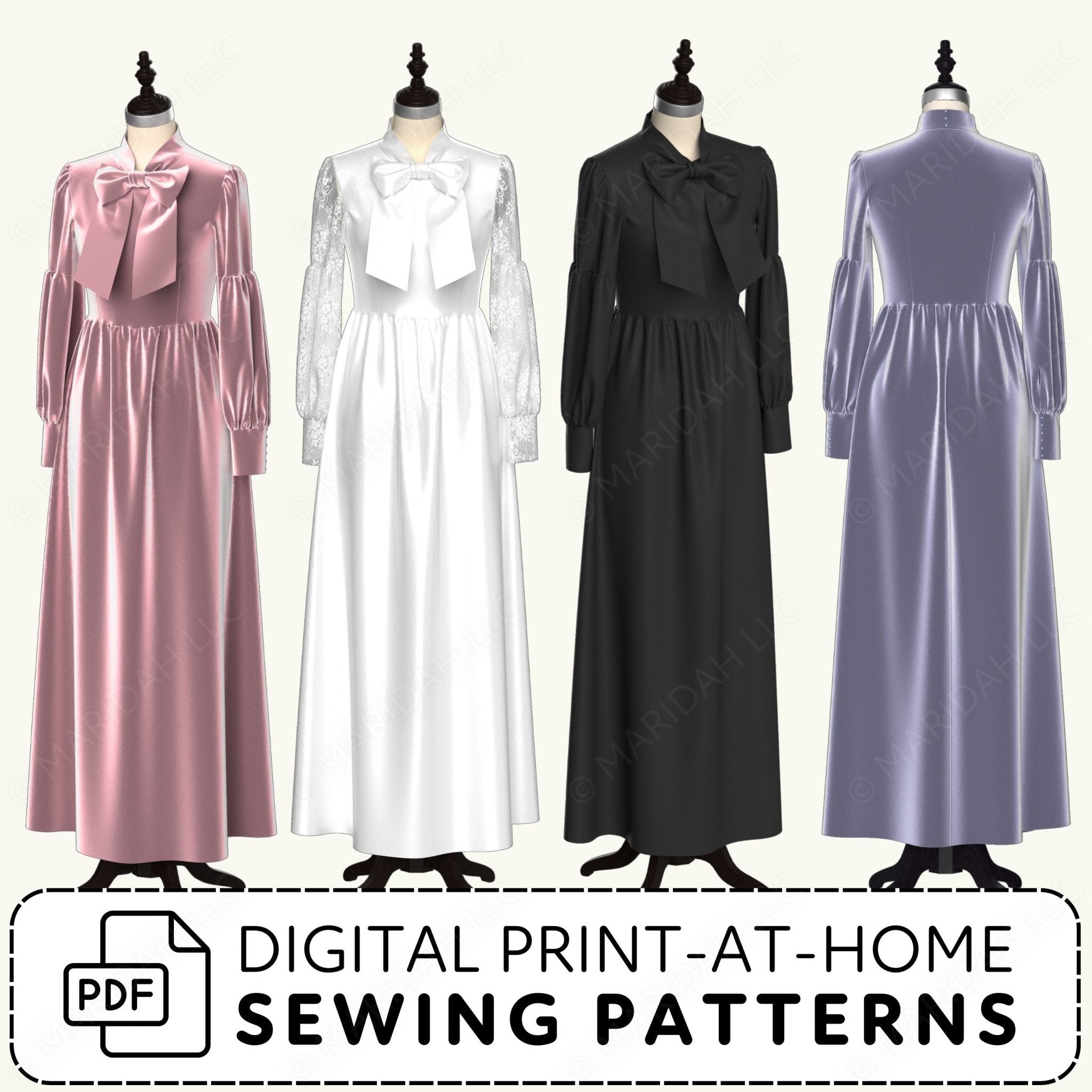 Four mannequins wearing dresses in pink, white, black, and purple with digital print-at-home sewing patterns text.