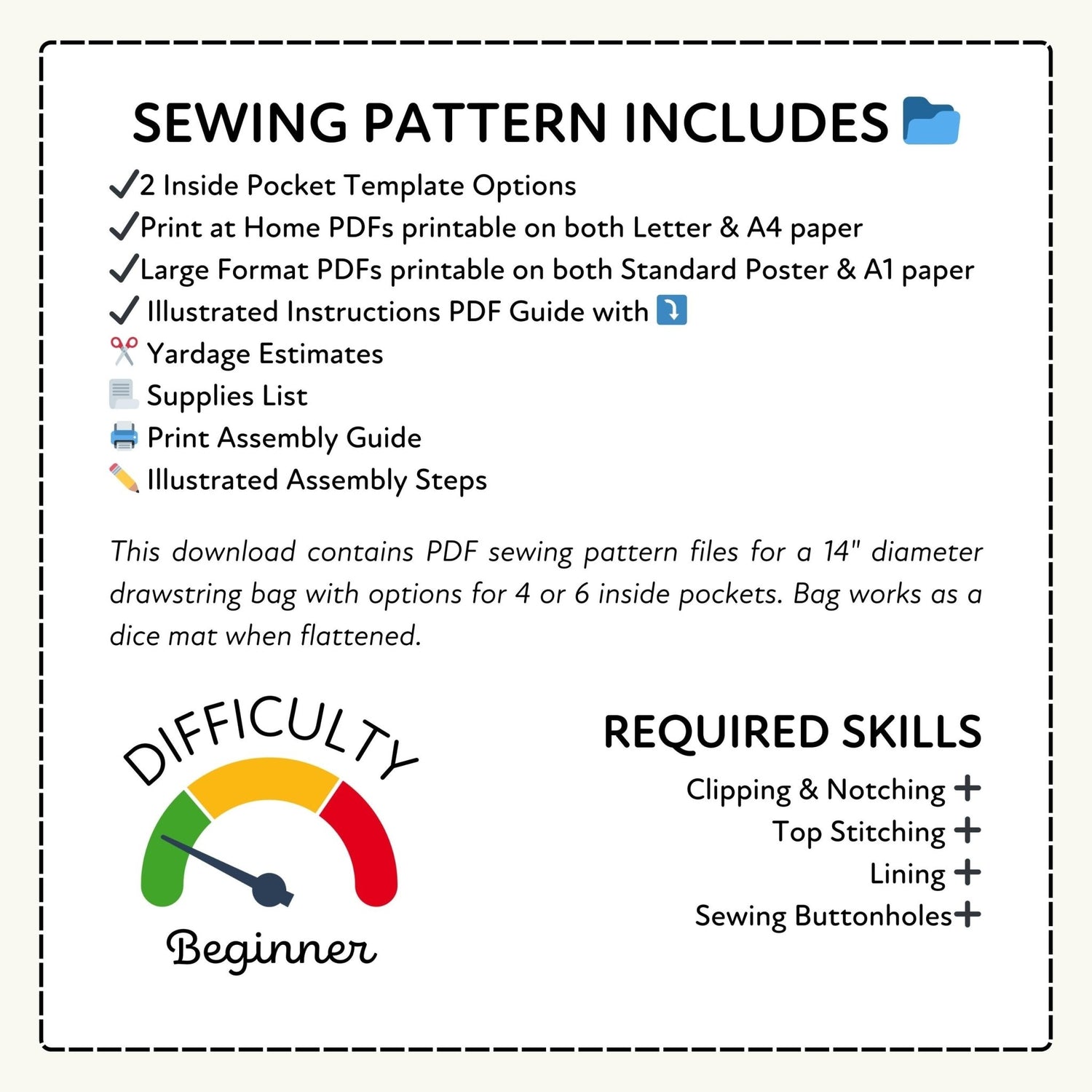 Sewing pattern information with difficulty rating and required skills listed.