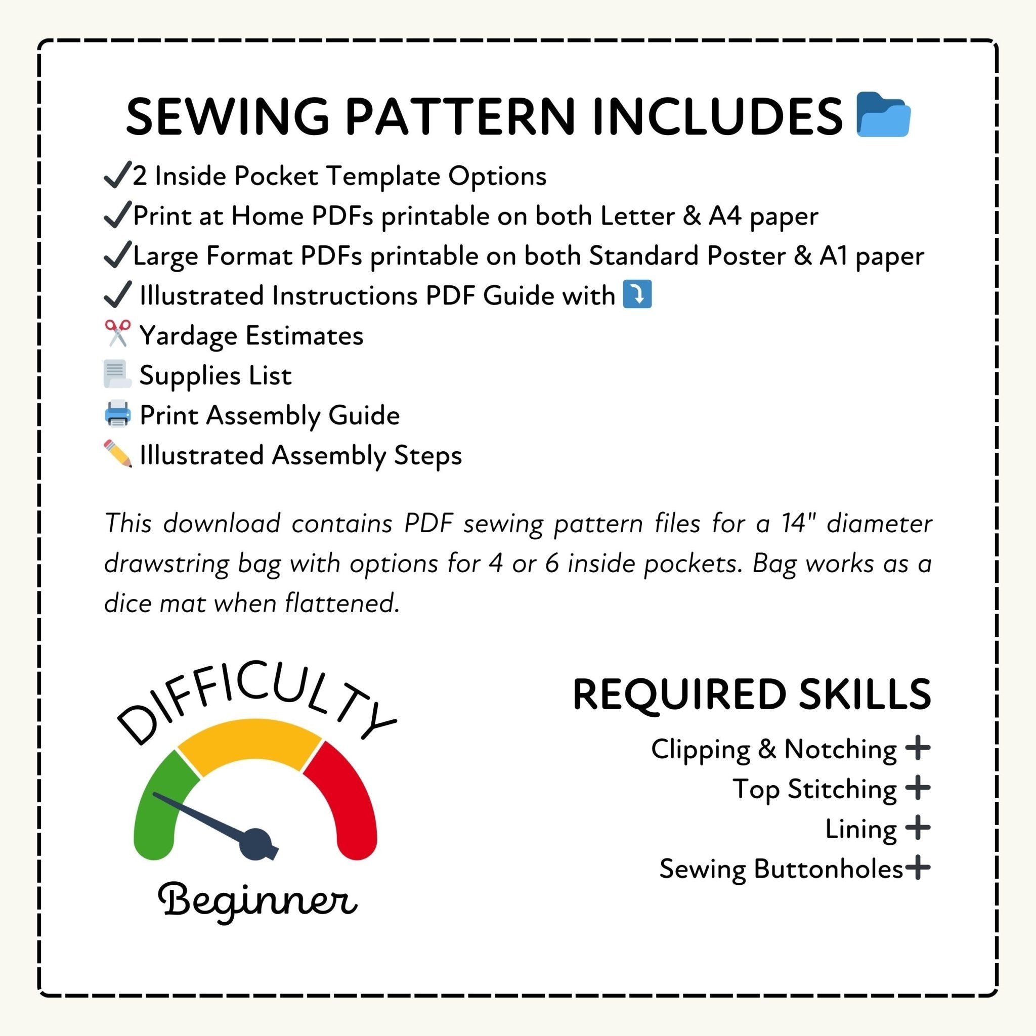 Sewing pattern information with difficulty rating and required skills listed.