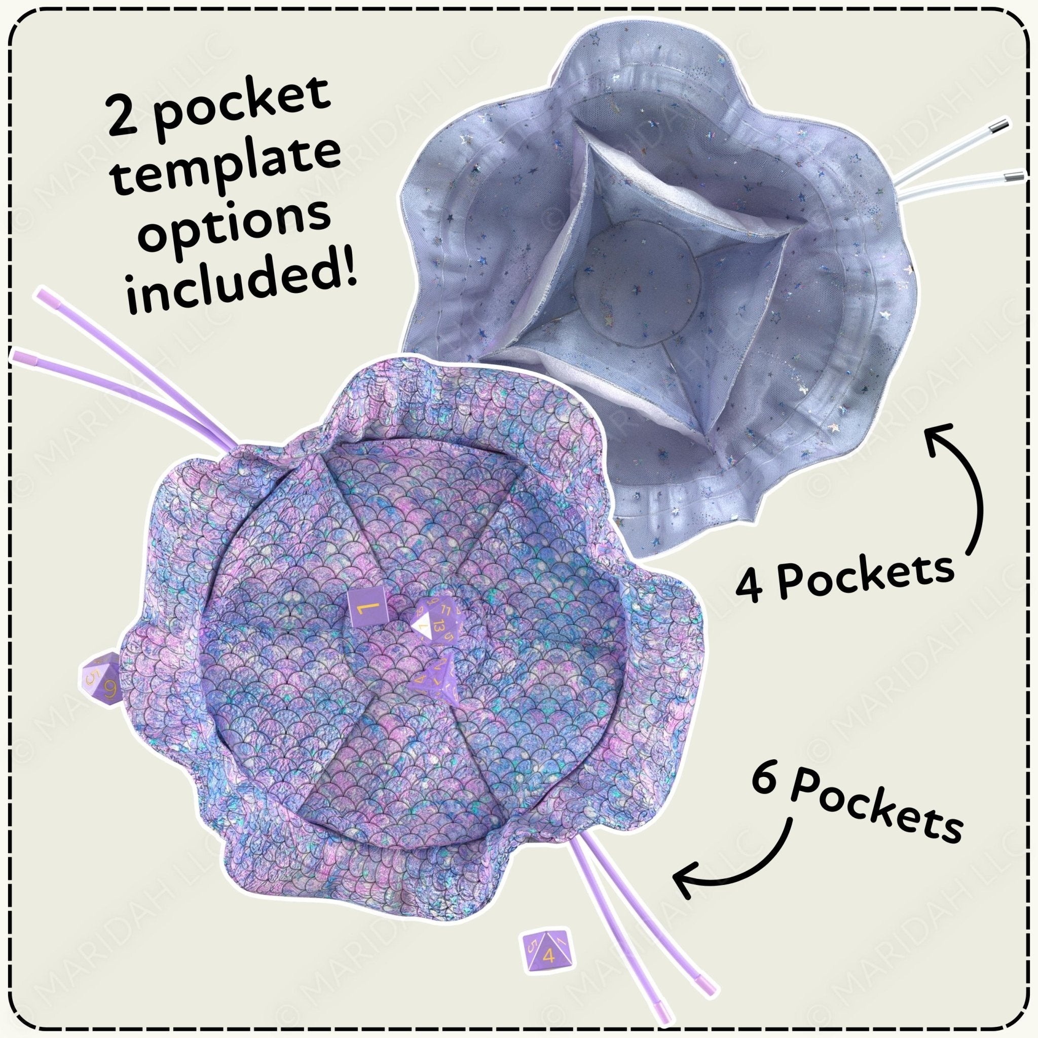 Dice bags with pocket options labeled on a beige background