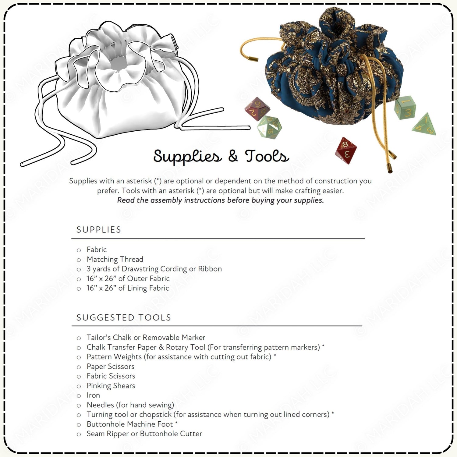 Supplies and tools list for fabric bag making with illustrations of bags.