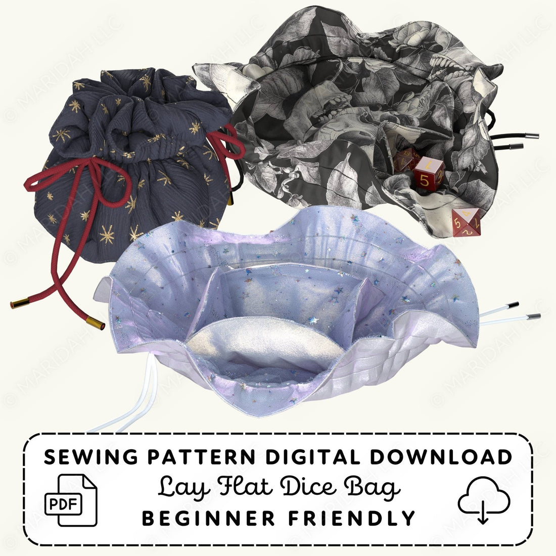 Three dice bags with different designs on a white background, accompanied by text about a sewing pattern digital download.