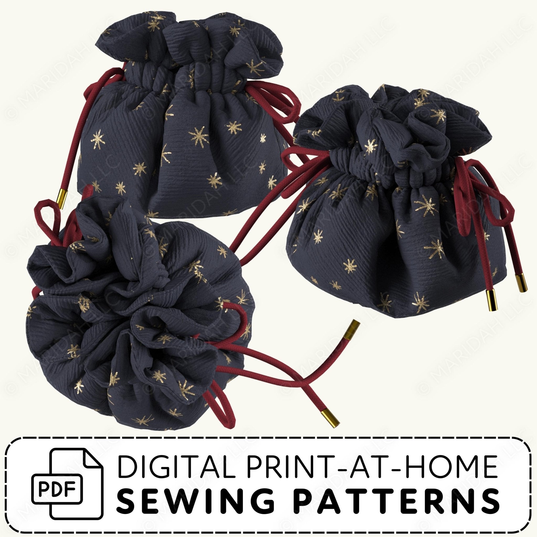 Three navy blue drawstring bags with gold star patterns on a white background, accompanied by text about digital print-at-home sewing patterns.