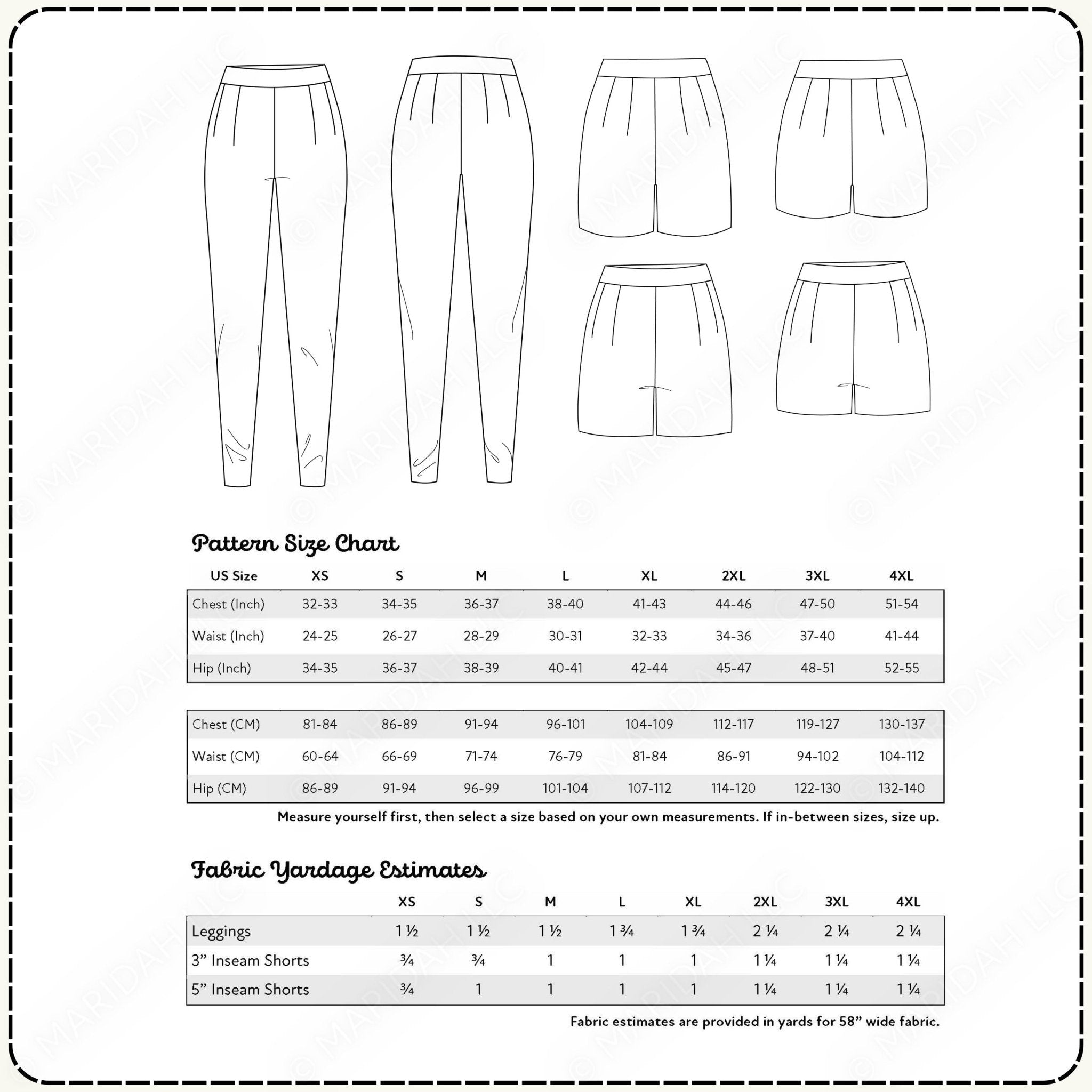 Pattern size chart for pants and shorts with measurements and fabric yardage estimates.