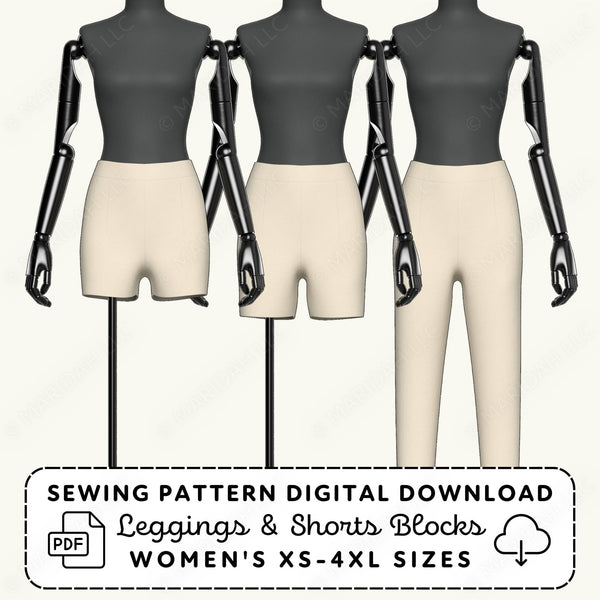 Mannequins wearing leggings and shorts with a sewing pattern digital download text overlay.