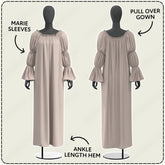 two mannequins wearing long, beige dresses with puffed sleeves. The dresses are labeled as "Pull Over Gown" and "Ankle Length Hem", indicating their style and construction.