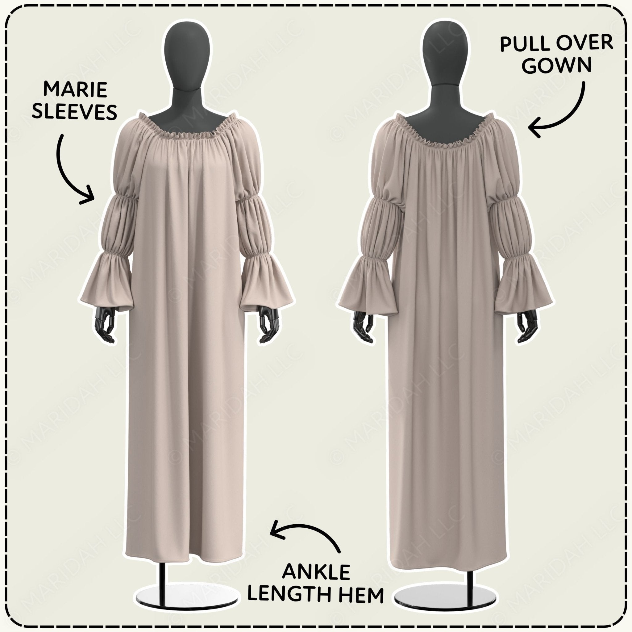 two mannequins wearing long, beige dresses with puffed sleeves. The dresses are labeled as &quot;Pull Over Gown&quot; and &quot;Ankle Length Hem&quot;, indicating their style and construction.