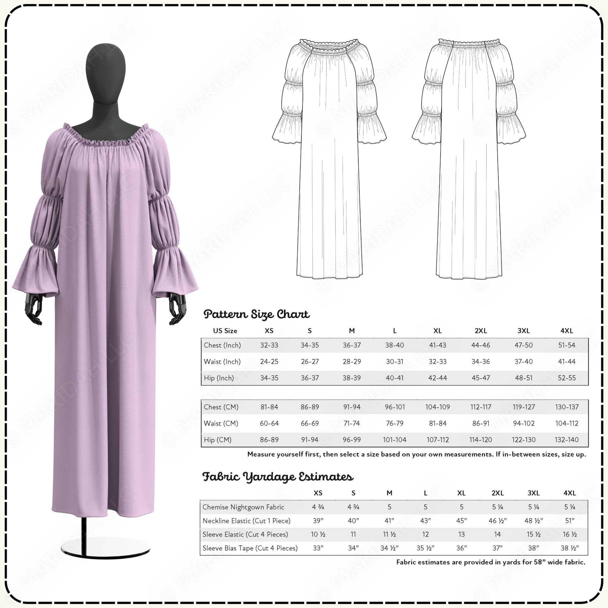 a pattern size chart and fabric yardage estimates for a long purple dress, along with a mannequin wearing the dress.