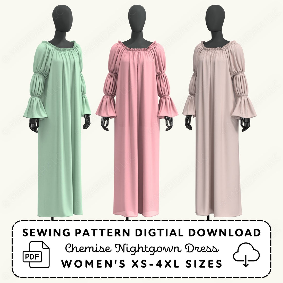 three mannequins wearing different colored dresses, including a green dress, a pink dress, and a beige dress.