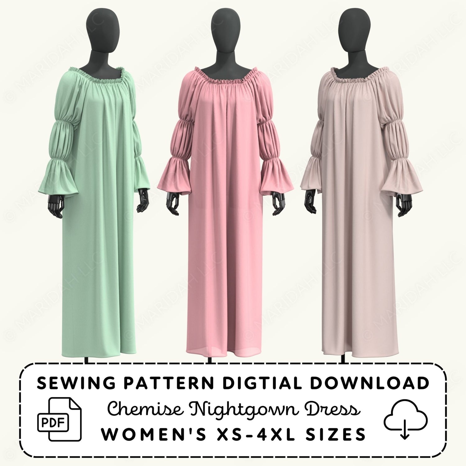 three mannequins wearing different colored dresses, including a green dress, a pink dress, and a beige dress.