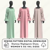 three mannequins wearing different colored dresses, including a green dress, a pink dress, and a beige dress.
