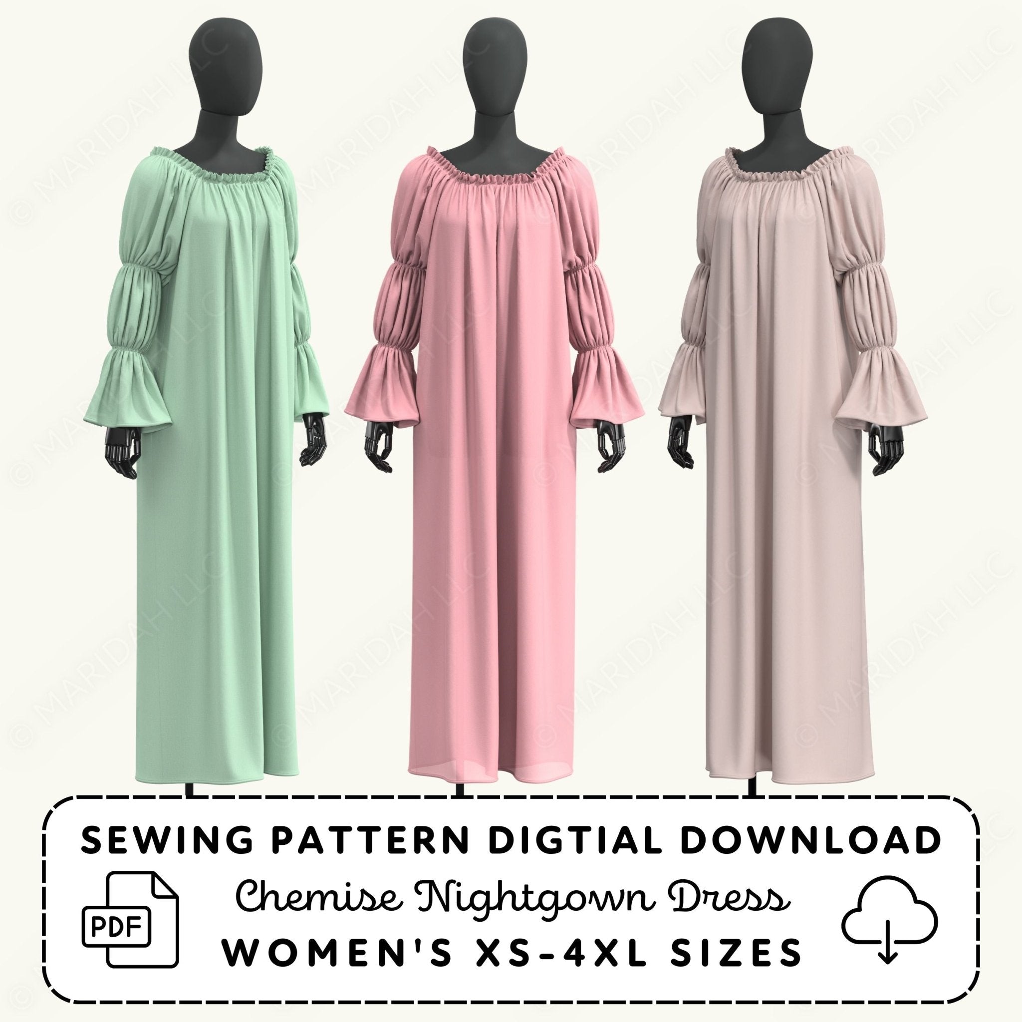 three mannequins wearing different colored dresses, including a green dress, a pink dress, and a beige dress.