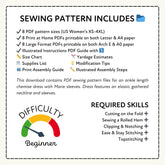 a sewing pattern that includes various sewing pattern files for an ankle length chemical dress with Marie sleeves. The dress features an elastic gathered neckline and sleeves.
