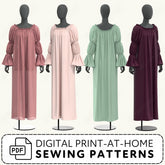 four mannequins wearing different colored dresses, including pink, green, burgundy, and black.