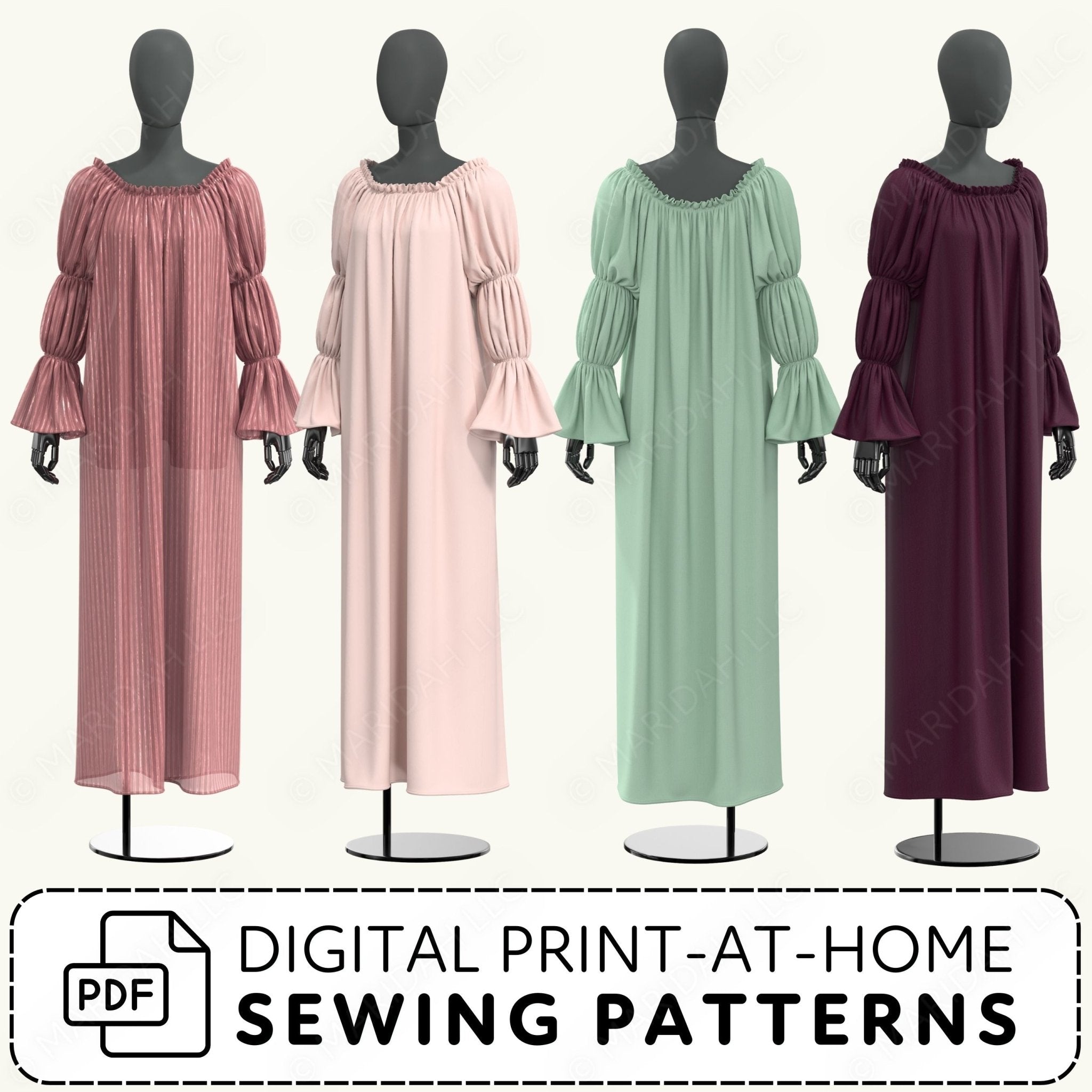 Four mannequins wearing dresses in different colors with digital print-at-home sewing patterns text.