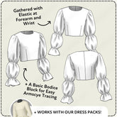 Technical drawing of a blouse with gathered sleeves and elastic at forearms and wrists, labeled with design instructions.
