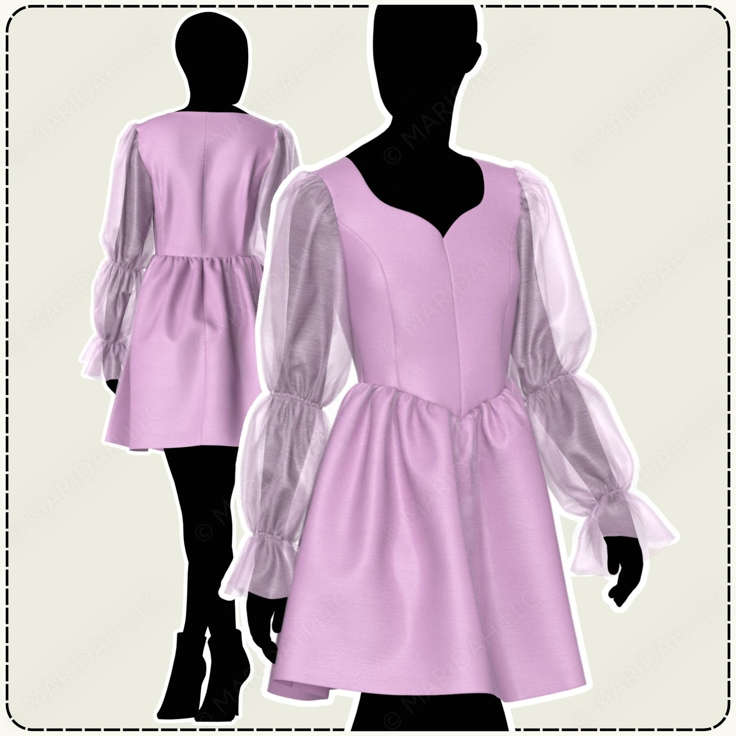 Light purple dress with puffed sleeves on a mannequin against a plain background