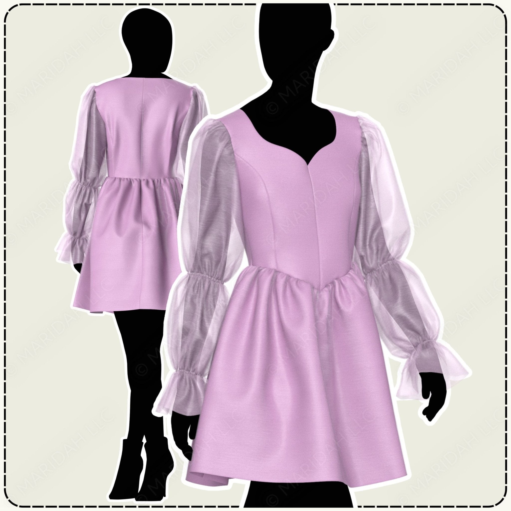Light purple dress with puffed sleeves on a mannequin against a plain background