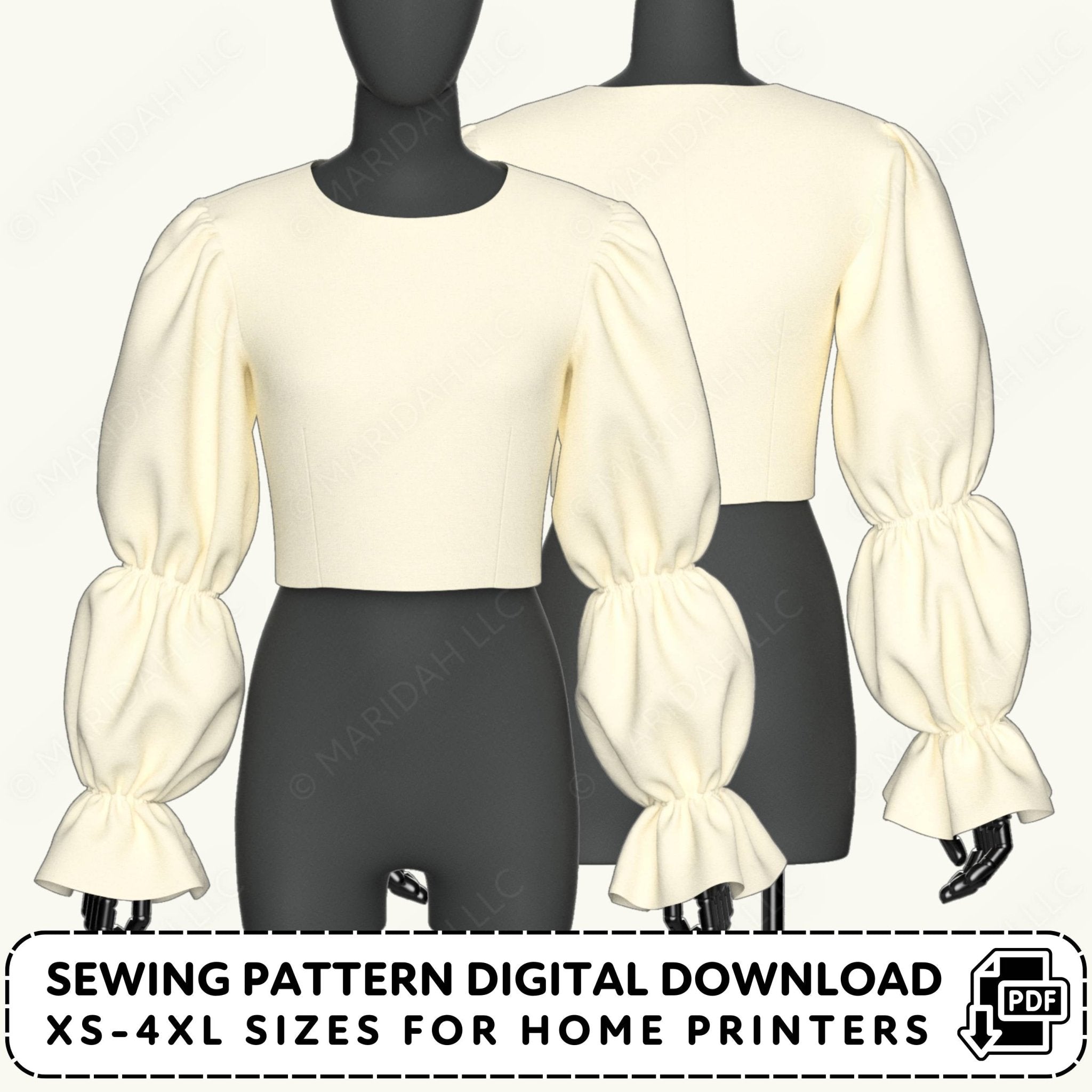 White blouse with puffed sleeves on mannequins, sewing pattern digital download information.
