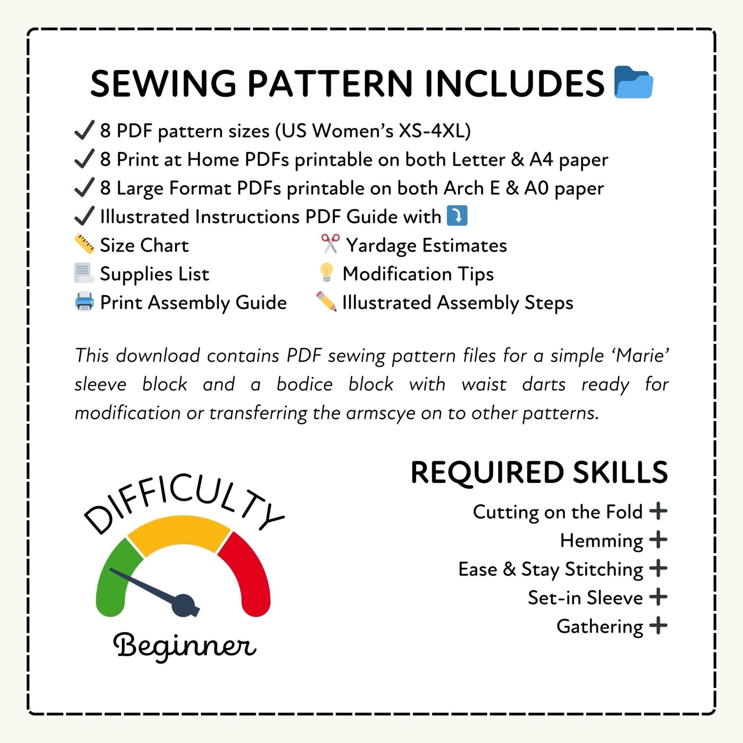 Sewing pattern information with difficulty rating and required skills listed.